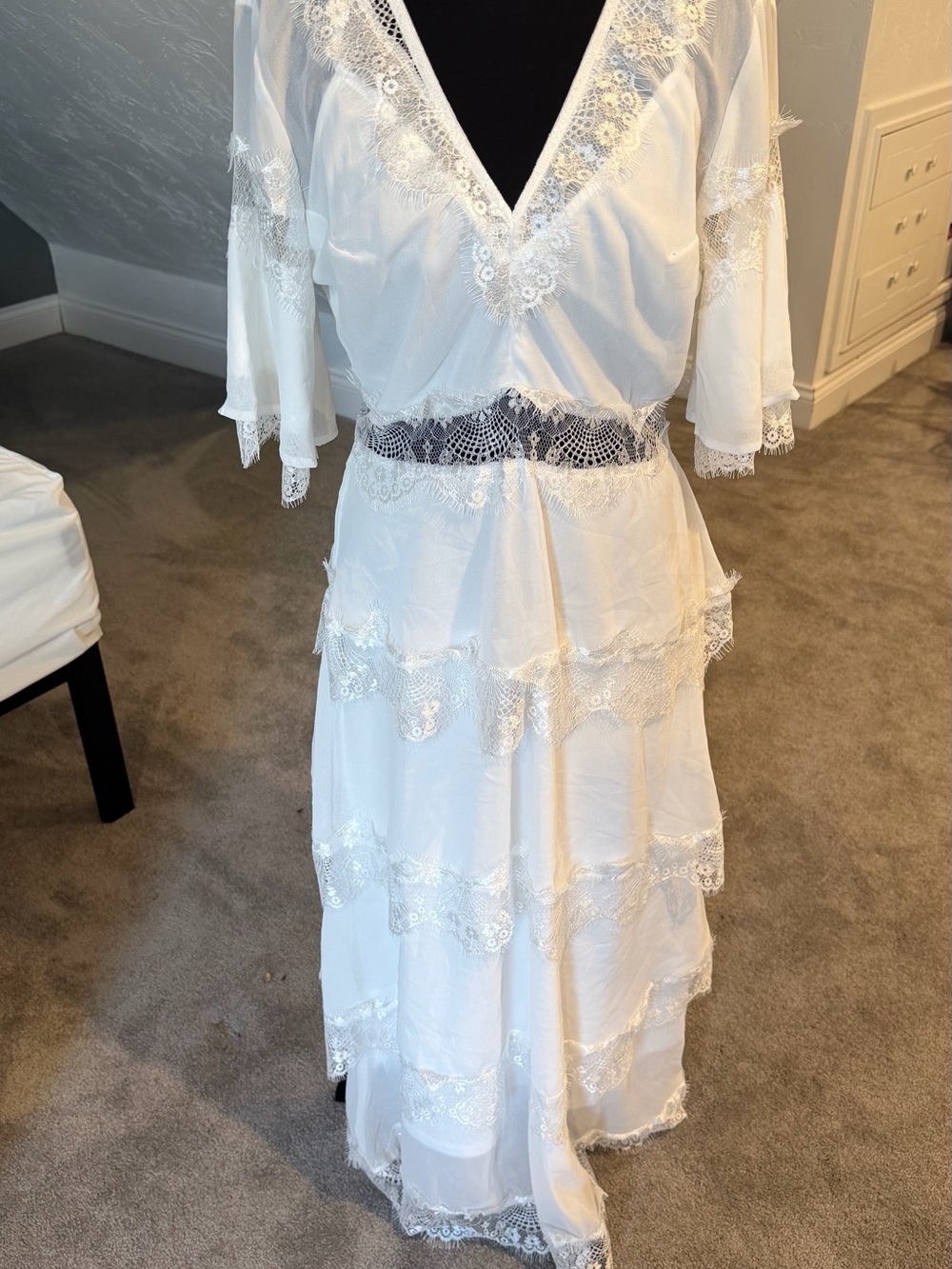White Lace Tiered V-Neck Maxi Dress